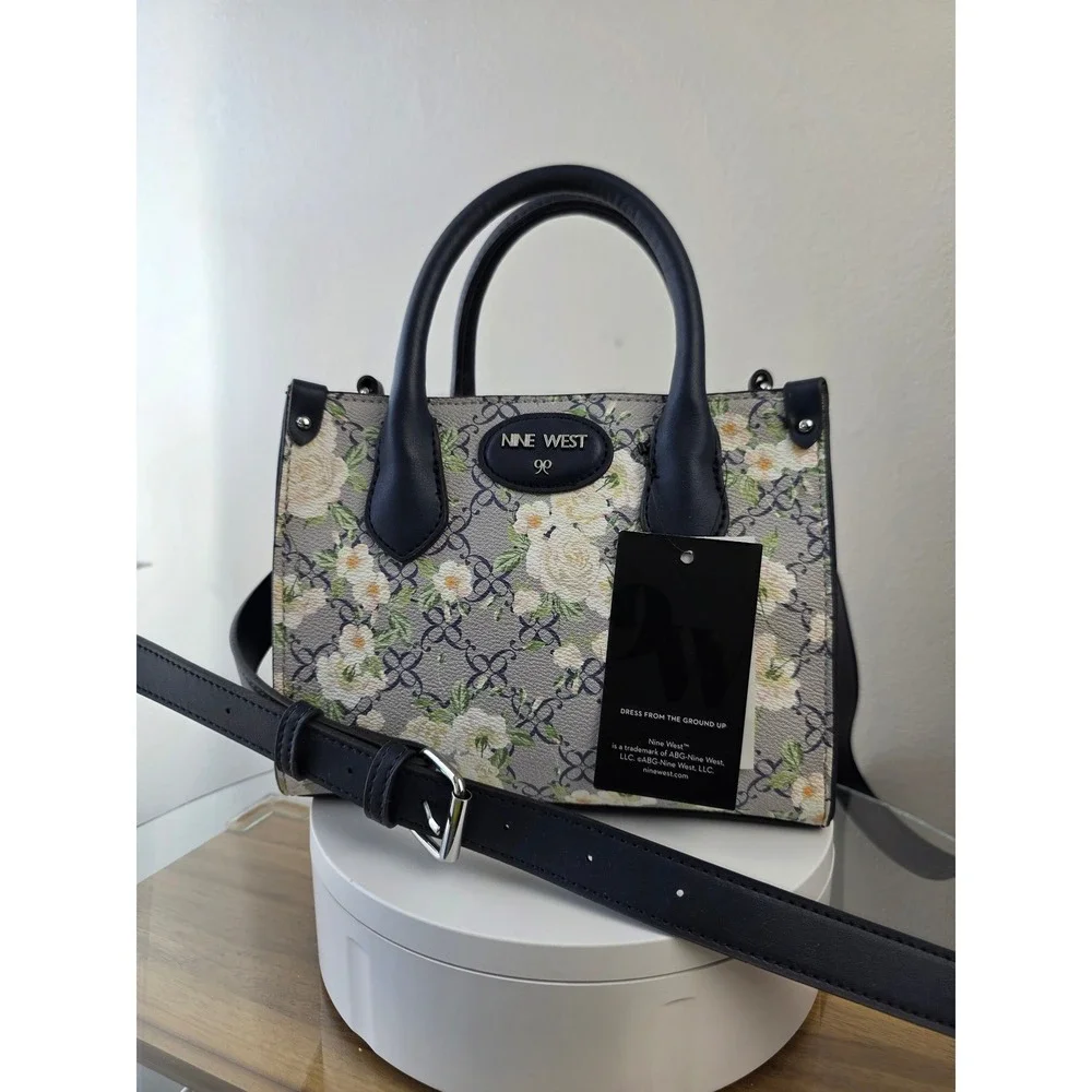 Nine West Archy Mini Satchel Navy Floral Logo Crossbody Bag Flawed Poor